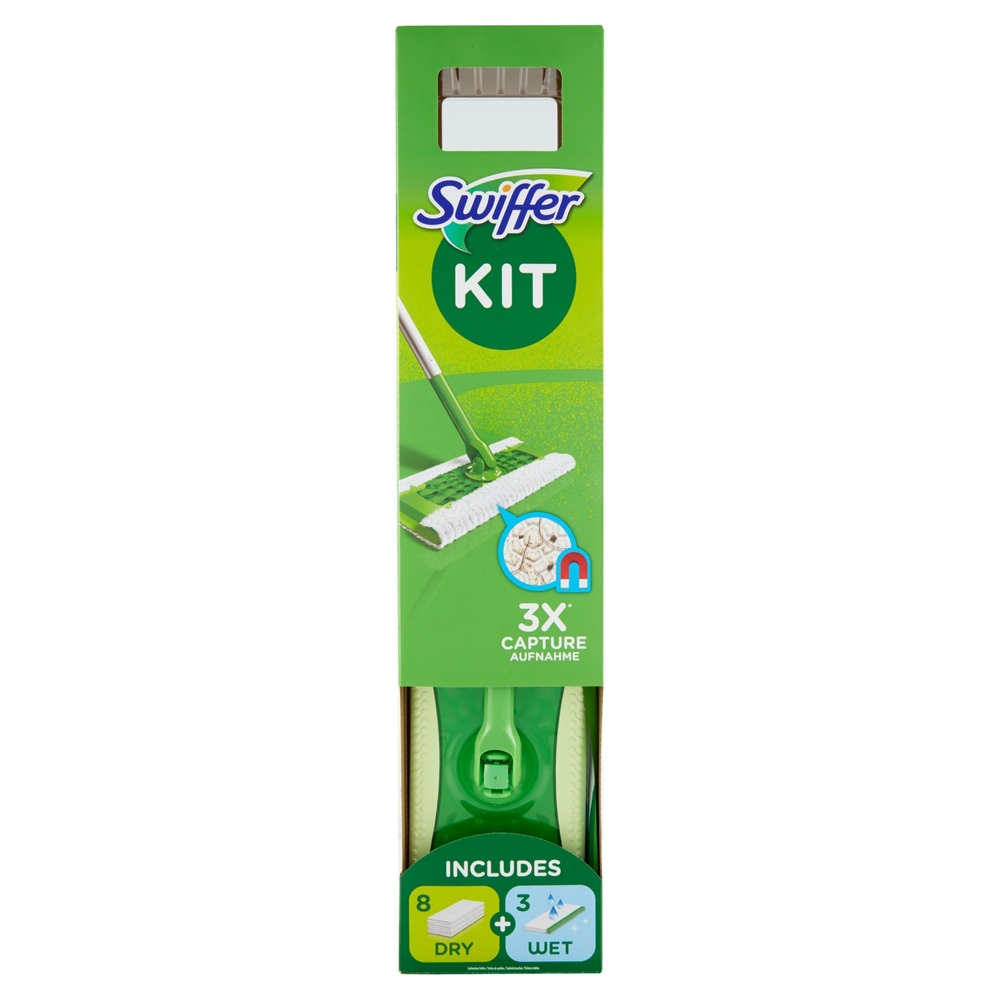 Swiffer Starter Kit Preassemblato-Scopa con 1Manico+8Panni Catturapolvere+3Panni Umidi Lavapavimenti